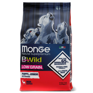 Monge Dog BWild LOW GRAIN Puppy & Junior сухой корм для щенков, низкозерновой, из мяса оленя 2,5кг