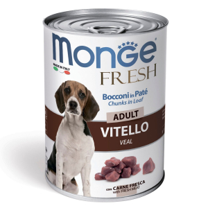 Влажный корм Monge Dog Fresh Chunks in Loaf для взрослых собак, мясной рулет из телятины, консерва 400 г