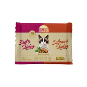 ARATON набор влажных кормов для кошек соус (говядина/курица + лосось/курица) (4 шт по 85г)