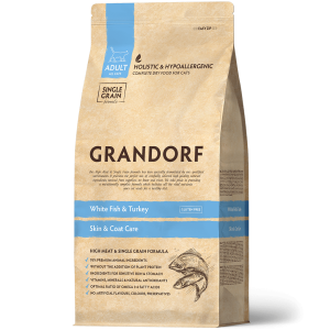 Grandorf Корм сухой низкозерновой для взрослых кошек с чувствительной кожей и шерстью или склонных к аллергии (белая рыба, индейка), 2кг