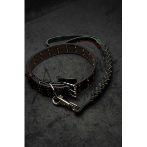 Поводок из натуральной кожи, цвет черный с красной нитью 120см