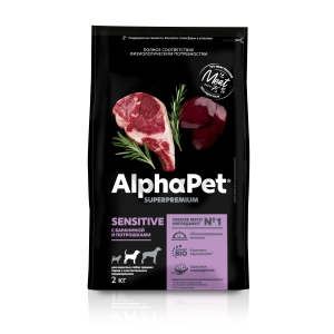 AlphaPet сухой корм  для взрослых собак средних пород с чувствительным пищеварением, с бараниной,2кг