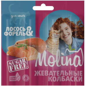Molina Жевательные колбаски для кошек из лосося и форели, 20 гр