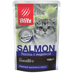 BLITZ Корм консервированный для стерилизованных кошек (индейка, лосось в соусе), 85г
