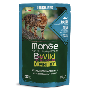 Monge Cat BWild GRAIN FREE для стерилизованных кошек, беззерновой, из тунца с креветками и овощами, 85гр