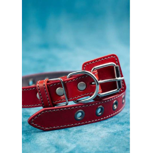 Ошейник из натуральной кожи, цвет красный с серой нитью 55см