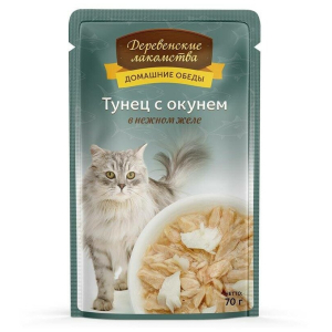Деревенские лакомства Корм консервированный для кошек (тунец с окунем в нежном желе), 70г