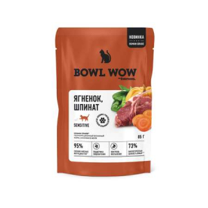 Bowl Wow влажный корм для кошек с чувствительным пищеварением, желе (ягненок, шпинат) 85гр