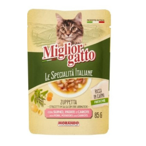 Miglior gatto Le Specialità Italiane для кошек полоски в соусе со свининой, картофелем, морковью.85гр