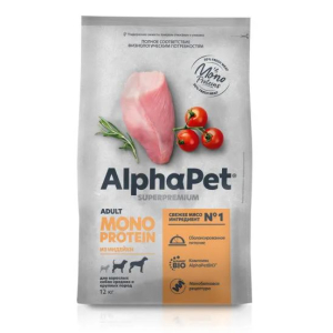 AlphaPet MONOPROTEIN сухой корм для собак средних и крупных пород индейка 12 кг