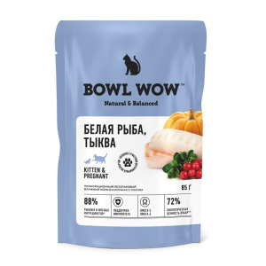 Bowl Wow влажный корм для котят и беременных кошек, соус (белая рыба, тыква) 85гр