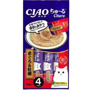 INABA ЧАО ЧУРУ Лакомство-пюре для кошек тунец с устрицами, (4*14г) упаковка