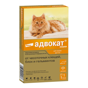 Адвокат Капли на холку для кошек и хорьков весом до 4 кг (от блох, чесоточных клещей и круглых гельминтов),  упаковка (3пип)