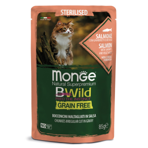 Monge Cat BWild GRAIN FREE для стерилизованных кошек, беззерновой, из лосося с креветками и овощами, 85гр