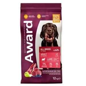 Award сухой корм  для собак всех пород с ягненком с индейкой с добавлением яблока и черники,12кг