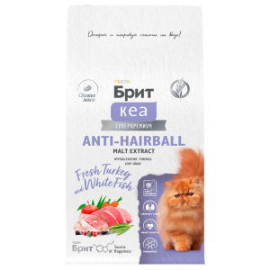 Брит Кеа Anti-Hairball сухой корм для кошек для выведения шерсти (белая рыба, индейка) 400гр