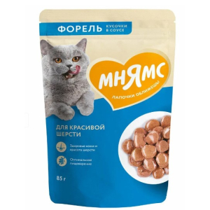 Мнямс Кусочки в соусе с форелью для красивой шерсти кошек, 85гр