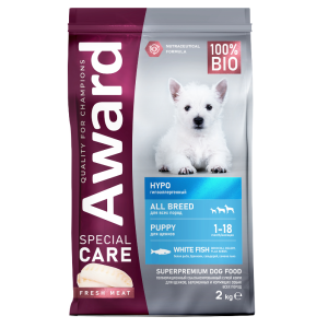 Сухой корм AWARD SPECIAL CARE HYPO PUPPY со свежей белой рыбой для щенков от 1 месяца, беременных и кормящих собак всех пород, склонных к аллергии 2кг