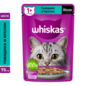 Whiskas Корм консервированный для кошек (говядина, кролик в желе), 75г