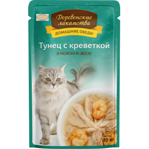 Деревенские лакомства влажный корм для кошек (тунец с креветкой в нежном желе), 70г