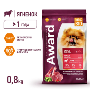 AWARD  Сухой корм  для взрослых собак мелких и миниатюрных пород с ягненком и индейкой  800г