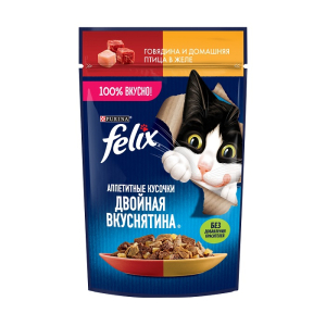 Felix "Двойная вкуснятина" Корм консервированный для кошек (говядина, птица в желе), 75г