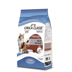 Unica Classe Корм сухой для стерилизованных кошек, для выведение шерсти из организма (ягненок), 1,5кг