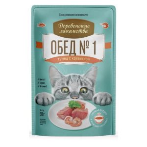 Деревенские Лакомства консервированный корм для кошек «Тунец с креветкой», 50гр