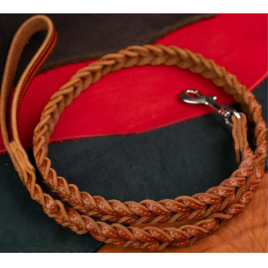 Поводок из натуральной кожи, цвет светло-коричневый с рыжей нитью 120см