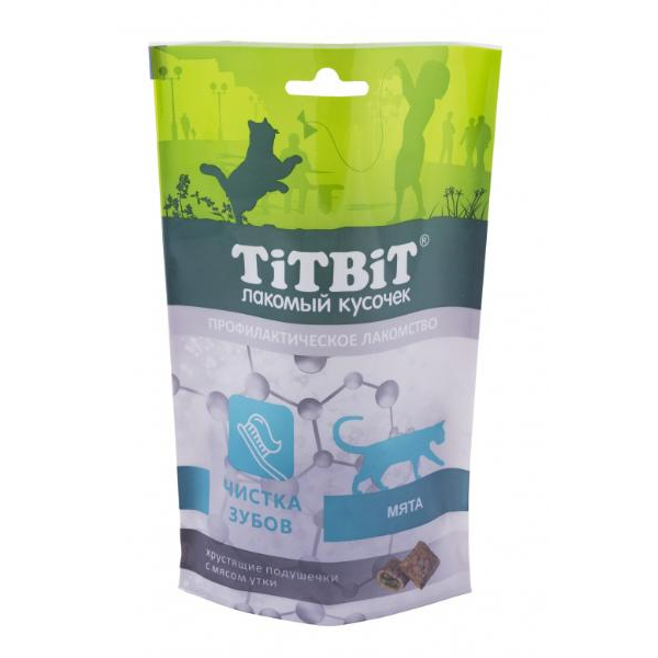 TiTBiT Лакомство для кошек, для чистки зубов (хрустящие подушечки с мясом утки), 60г