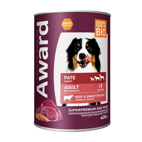 Award Dog Паштет для взрослых собак (Говядина с бататом), 400гр