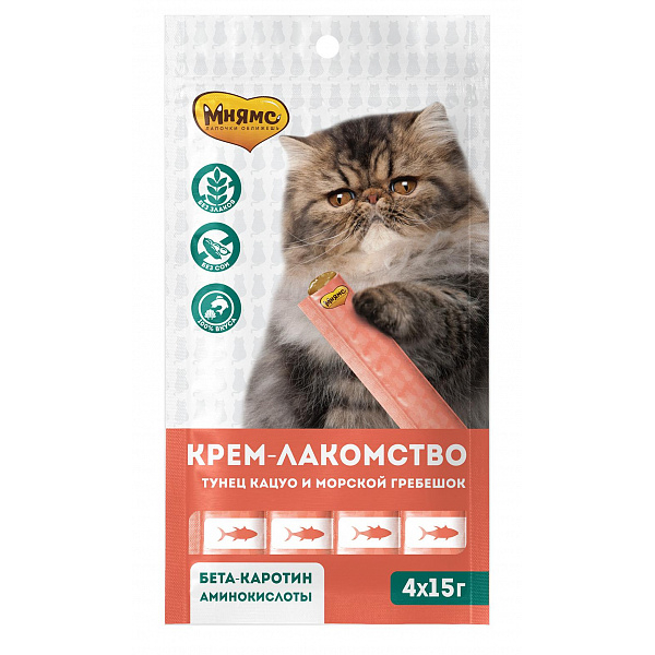 Мнямс Крем-лакомство для кошек (тунец Кацуо и морским гребешком), 15г
