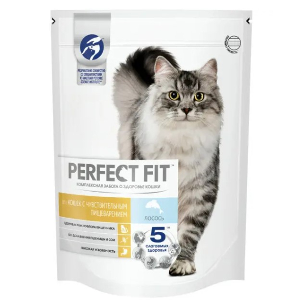 Perfect Fit сухой корм для кошек с чувствительным пищеварением, с лососем, 650г