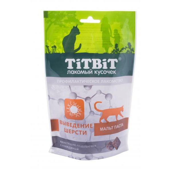 TiTBiT Лакомство для кошек, для выведения шерсти (хрустящие подушечки с говядиной), 60г