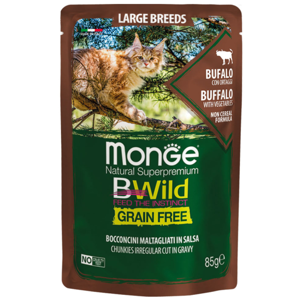 Monge Cat BWild GRAIN FREE для котят и кошек крупных пород, из мяса буйвола с овощами, 85гр