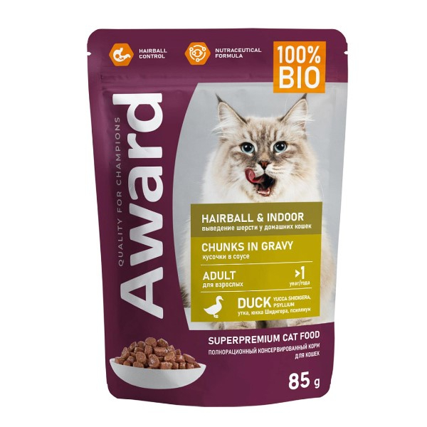 Award Cat Hairball & Indoor для выведения шерсти у взрослых домашних кошек (Утка в соусе)