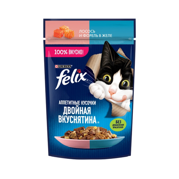 Felix Корм консервированный для кошек двойная вкуснятина (лосось,форель в желе), 75г