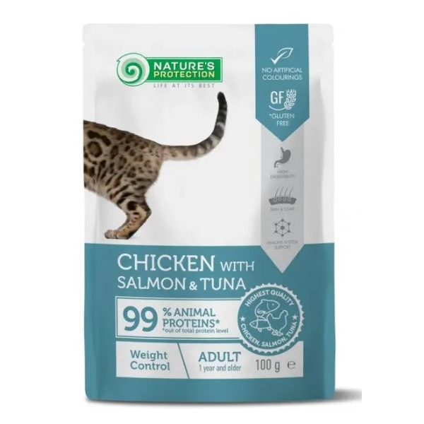 Nature's Protection Консервы Adult Weight Control для поддержание нормального веса кошек (Курица, лосось и тунец), 100гр