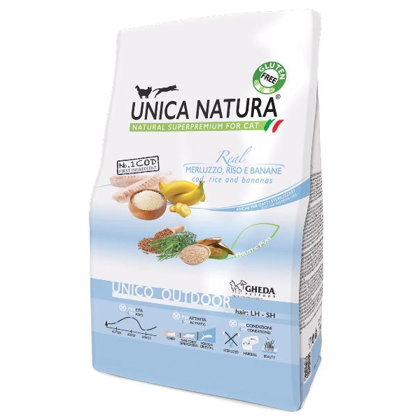 Unica Natura Корм сухой для кошек, гуляющих на улице (треска, рис, банан)