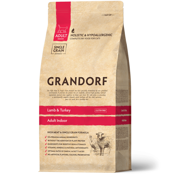Grandorf Indoor Корм сухой низкозерновой для взрослых кошек (ягненок, индейка), 2кг