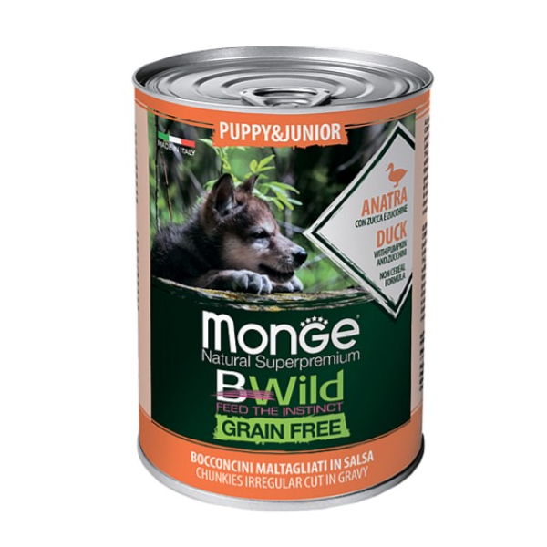 Влажный корм Monge Dog BWild GRAIN FREE Puppy&Junior для щенков и беременных собак, беззерновой, из утки с тыквой и кабачками, консервы 400 г