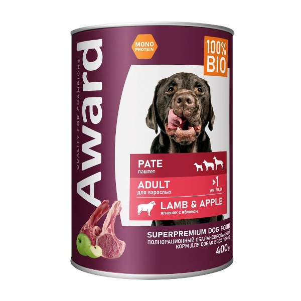 Award Dog Паштет для взрослых собак (Ягненок с яблоком), 400 г