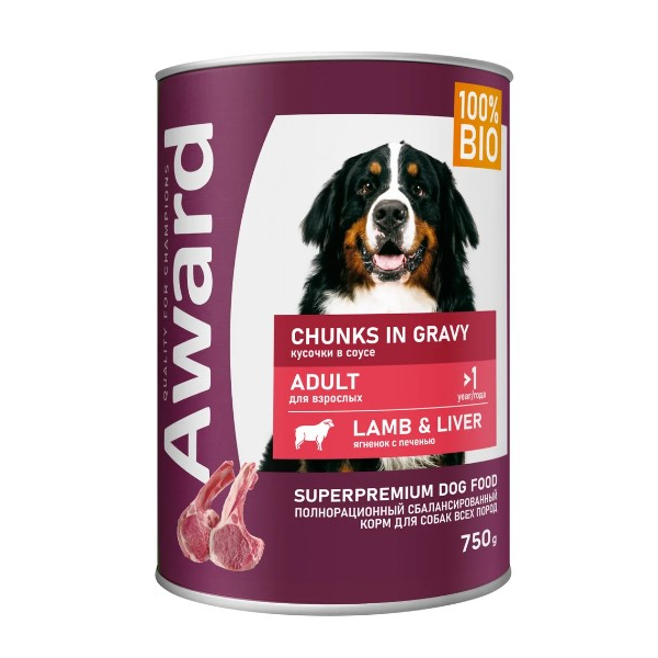 Award Dog для взрослых собак (Ягненок с печенью в соусе), 750гр