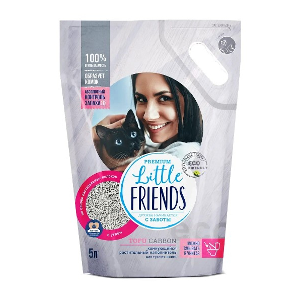 Наполнитель для кошачьего туалета "Little Friends Tofu Carbon" растительный, с углём, 5л, 2,5кг