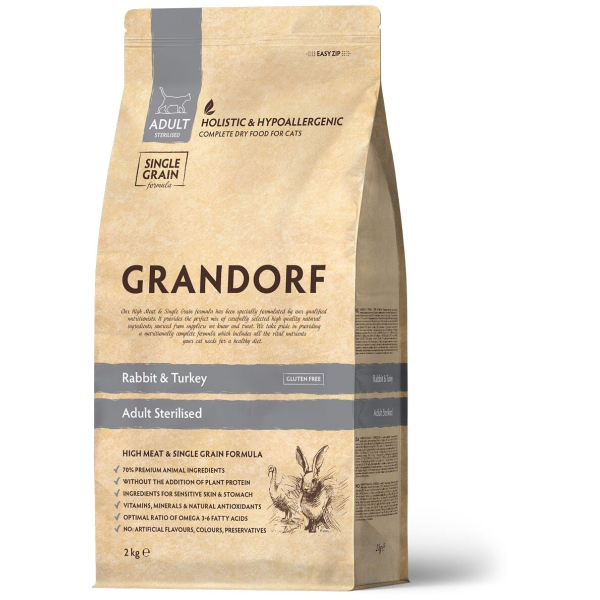 Grandorf Корм сухой низкозерновой для стерилизованных кошек (кролик, индейка)