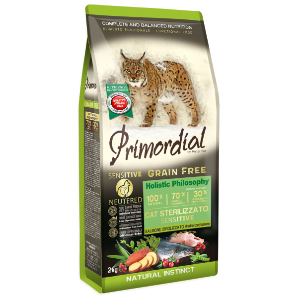 Primordial Cat Neutered Sensitive Salmon для стерилизованных кошек с чувствительным пищеварением с гидролизованным лососем 2 кг