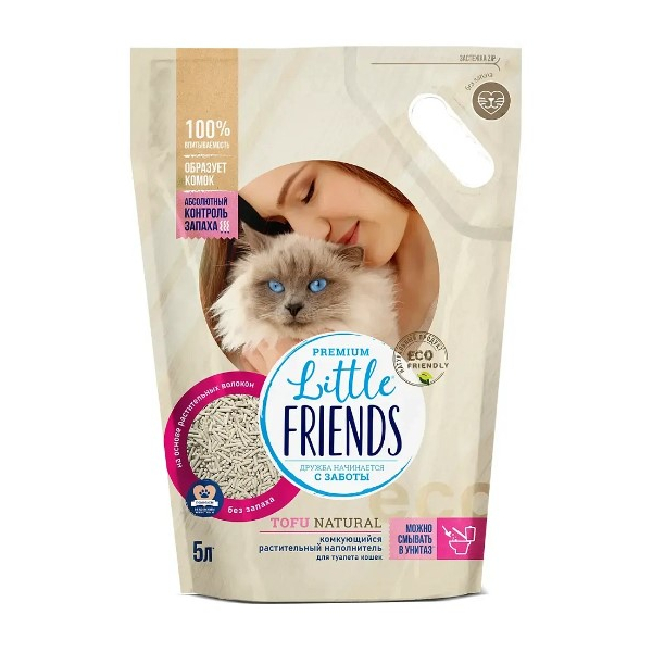 Наполнитель для кошачьего туалета "Little Friends Tofu Natural" растительный, без запаха, 5л, 2,5кг