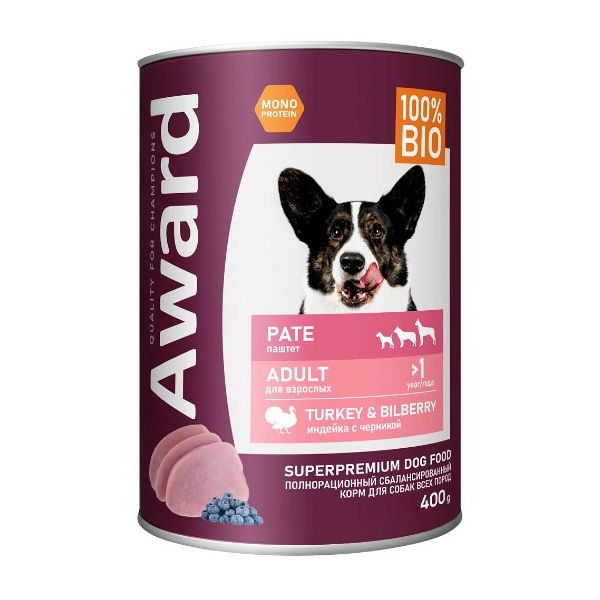 Award Dog Паштет для взрослых собак (Индейка с черникой), 400гр