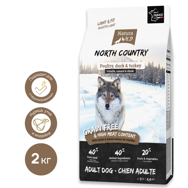 Natura Wild North Country Корм сухой для взрослых собак, контроль веса (курица, утка, индейка), 2кг