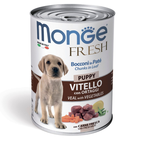 Влажный корм Monge Dog Fresh Chunks in Loaf для щенков, мясной рулет из телятины с овощами, консерва 400 г